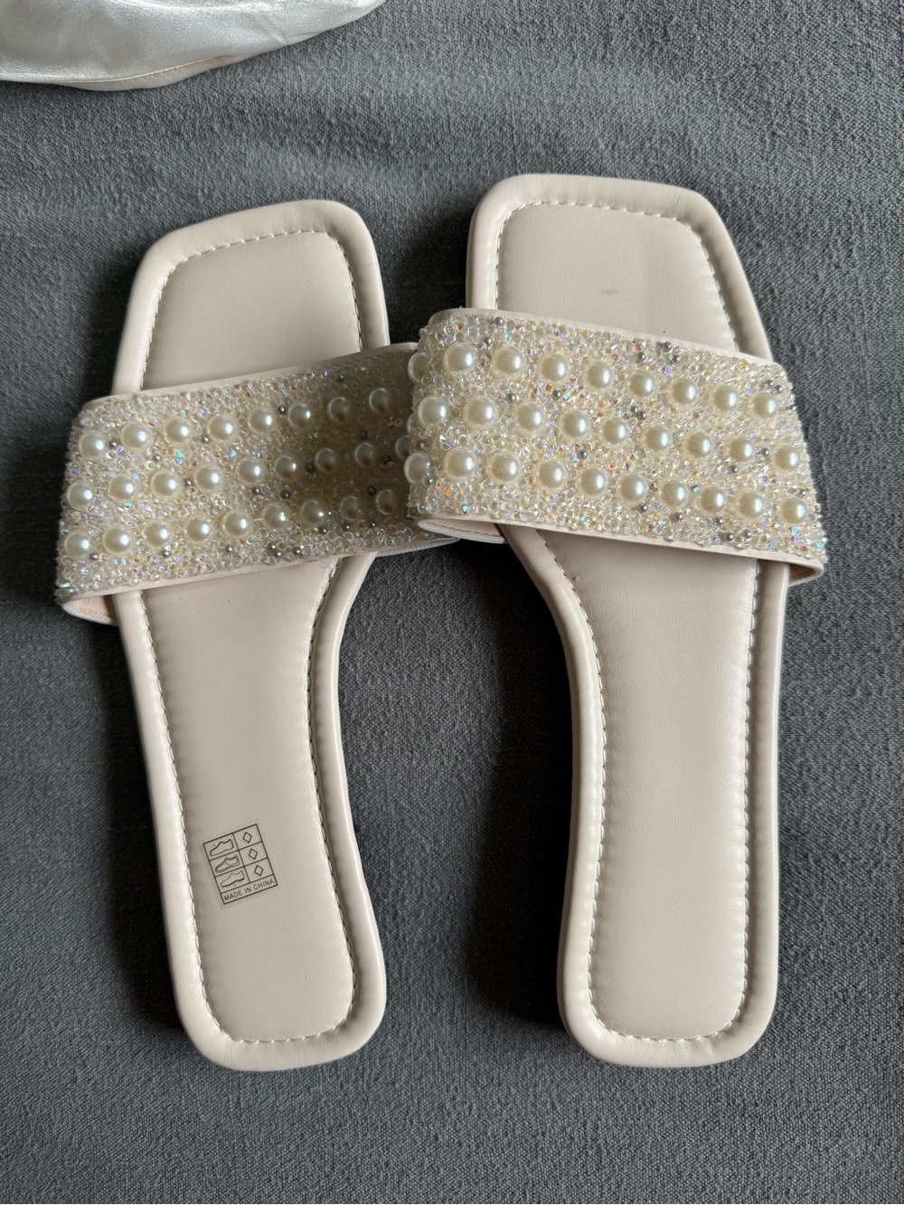 Pearl & Crystal Embellished Cream Slide Sandals for Women